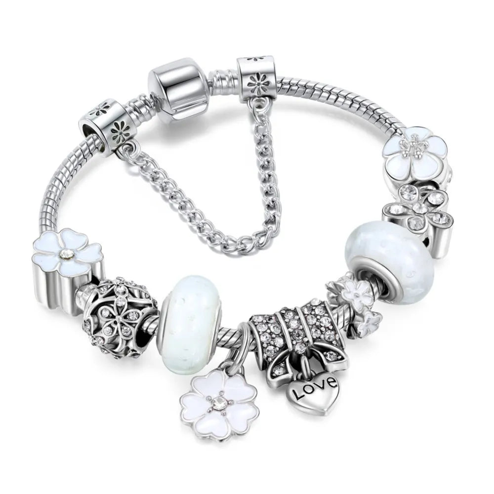 Charm Bracelet - Peach Blossom Design - Refined Silver Elegance