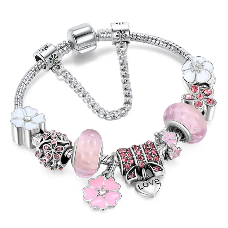 Charm Bracelet - Peach Blossom Design - Refined Silver Elegance