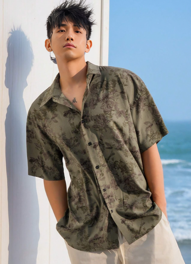 Print Short-Sleeve Button-Up