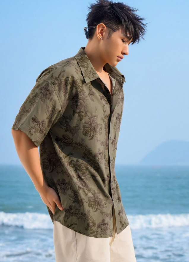 Print Short-Sleeve Button-Up